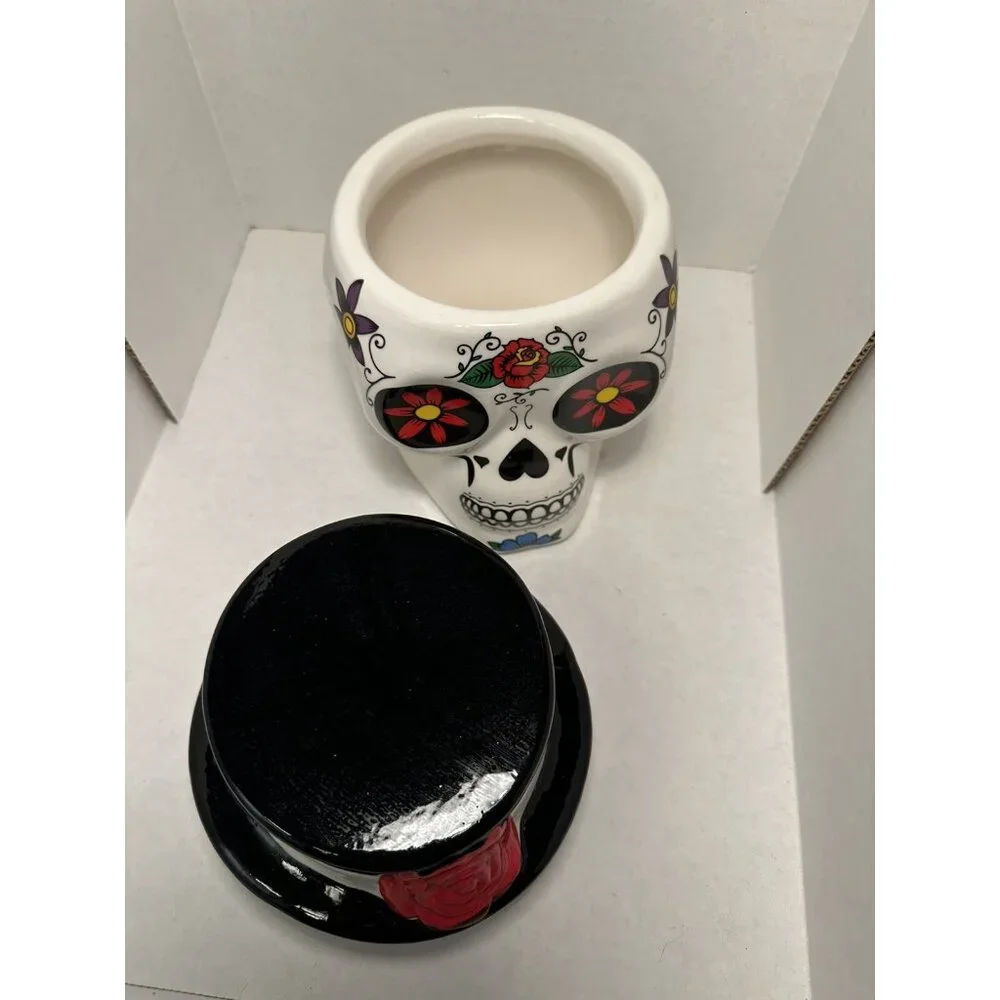 Day of the Dead‎ Sugar Skull Ceramic Cookie Jar Top Hat Rose